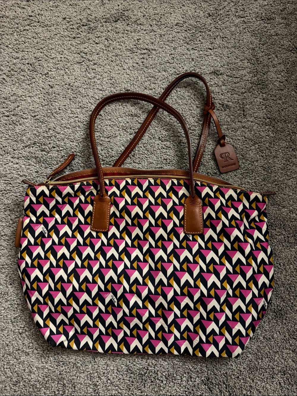Geometric Print Tote Bag with Brown Leather Trim